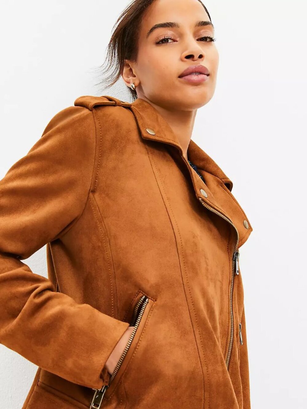 NWT LOFT Women's Faux Suede Moto Jacket Size M Brown/Tan - Picture 4 of 7